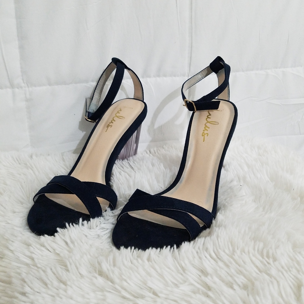 lulu's navy blue cross toe ankle strap heels